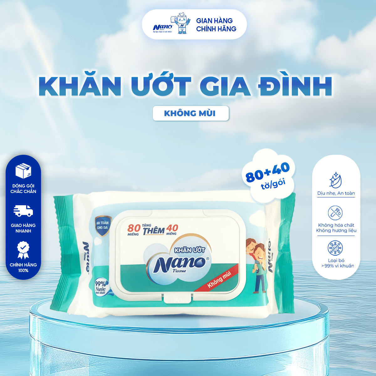 Khăn ướt GĐ 80+40 miếng không mùi (xanh ngọc)